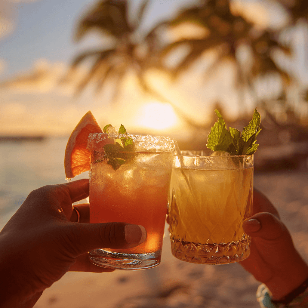 Two hands toasting with cocktails in golden hour lighting