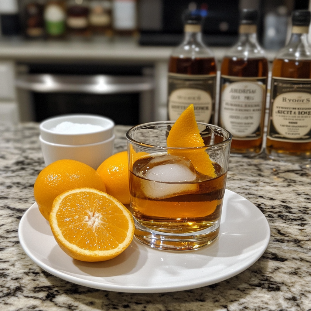 Old Fashioned cocktail with orange peel garnish and whiskey bottles in background